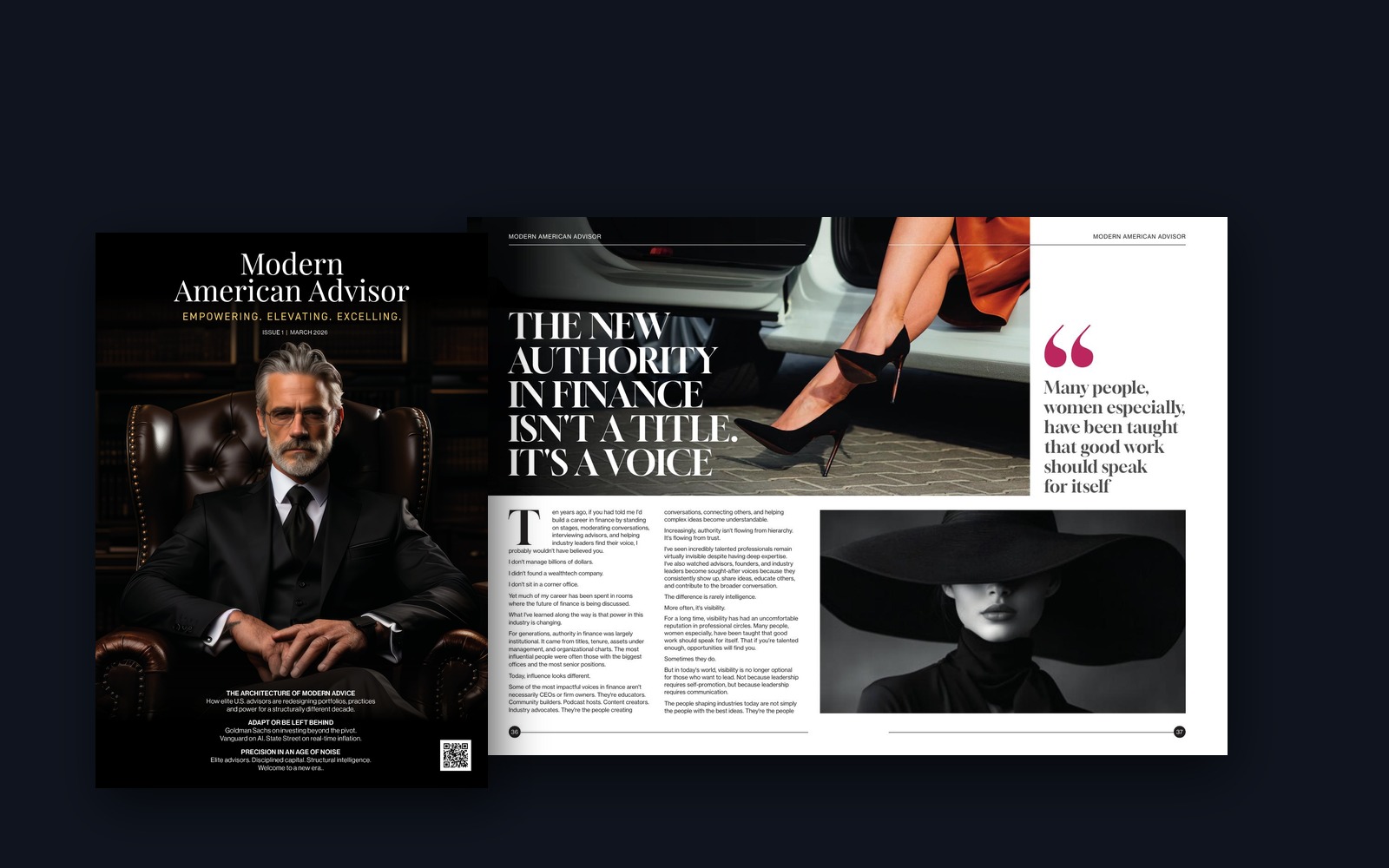Modern American Advisor magazine cover and interior spread