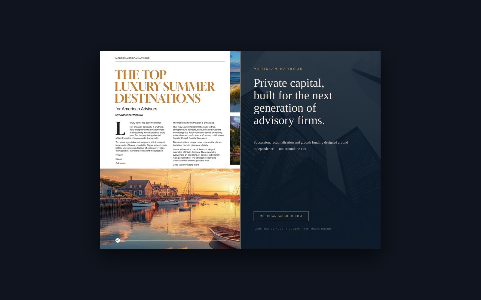 A full-page advertisement facing Modern American Advisor editorial
