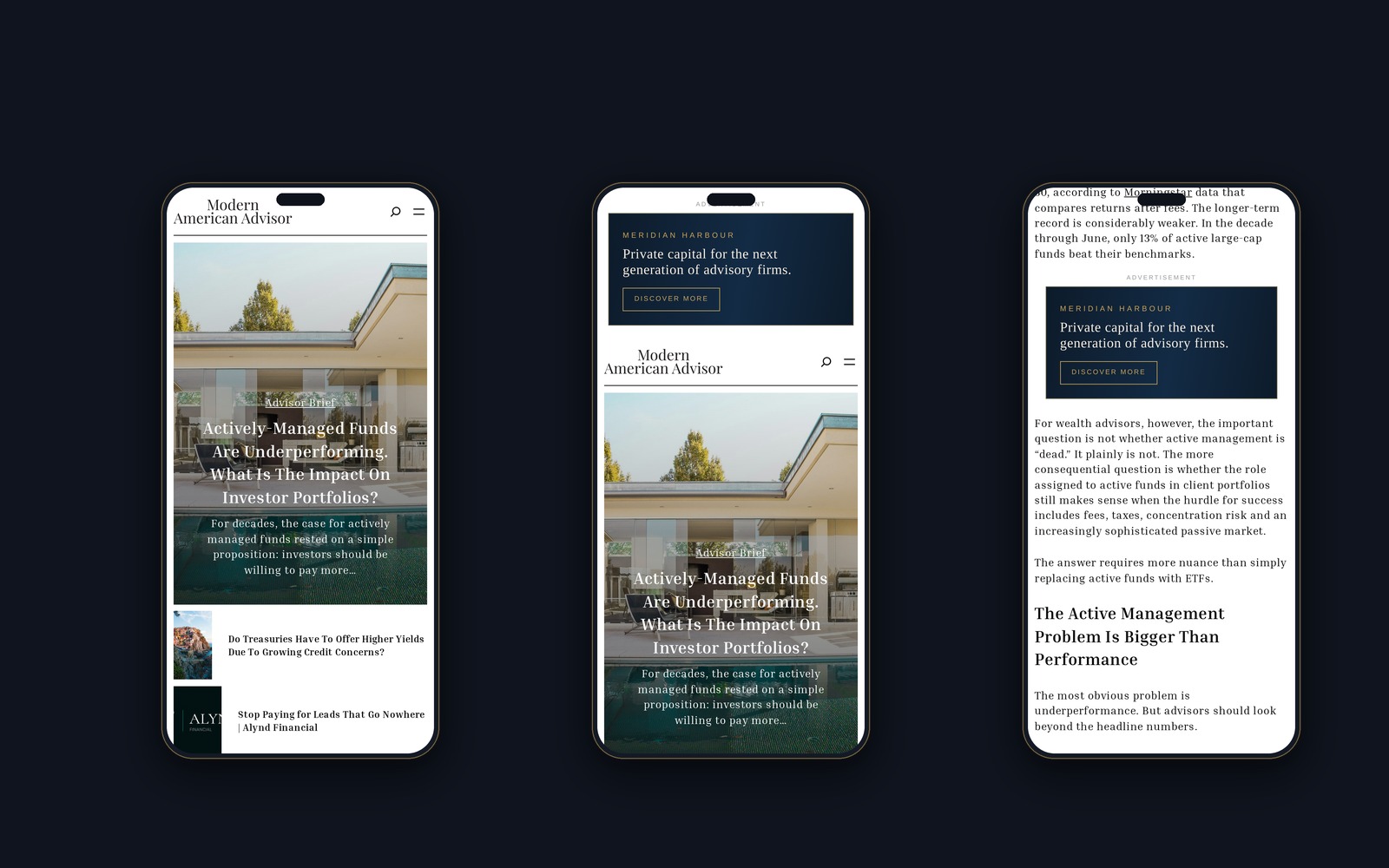 The Modern American Advisor site and advertising shown on three smartphones