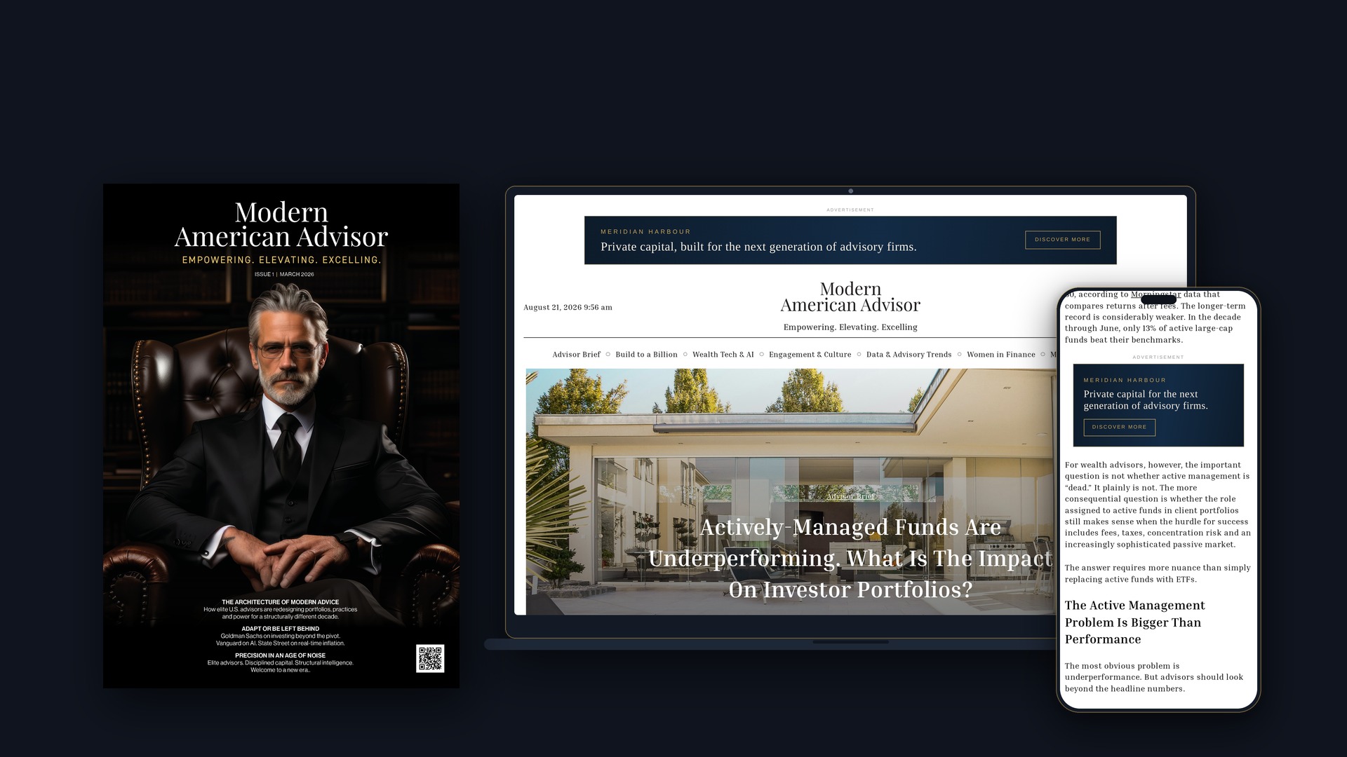 Modern American Advisor print edition, website on laptop and the mobile site