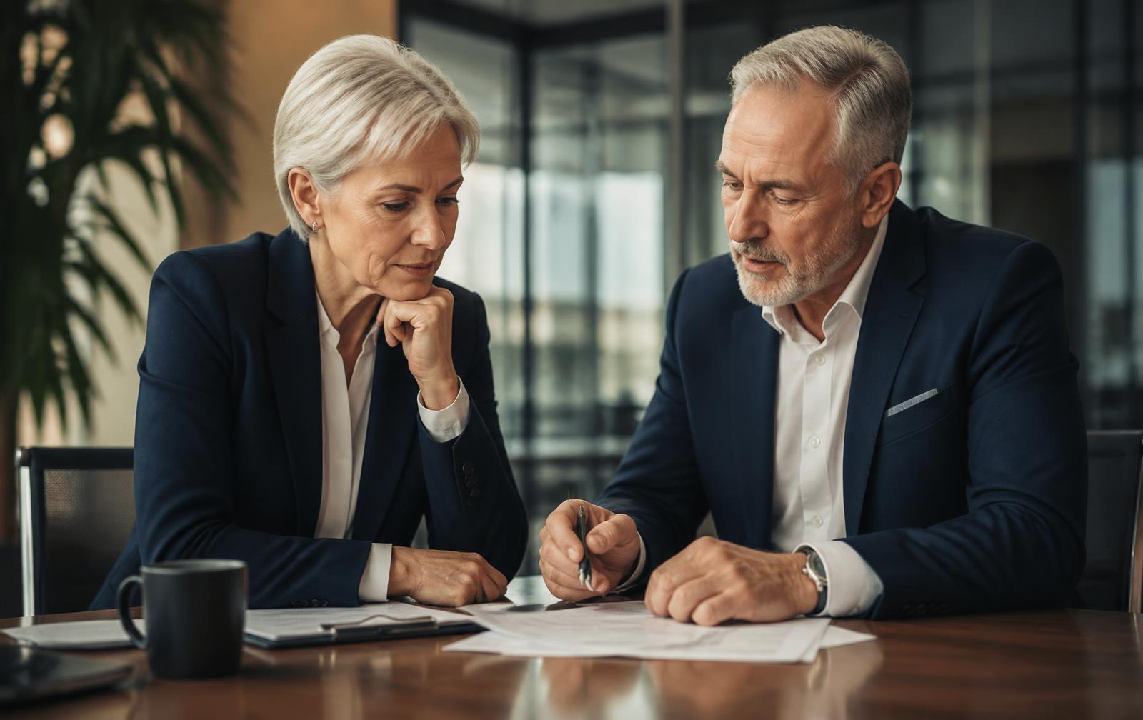 Two senior professionals reviewing documents together in a modern office