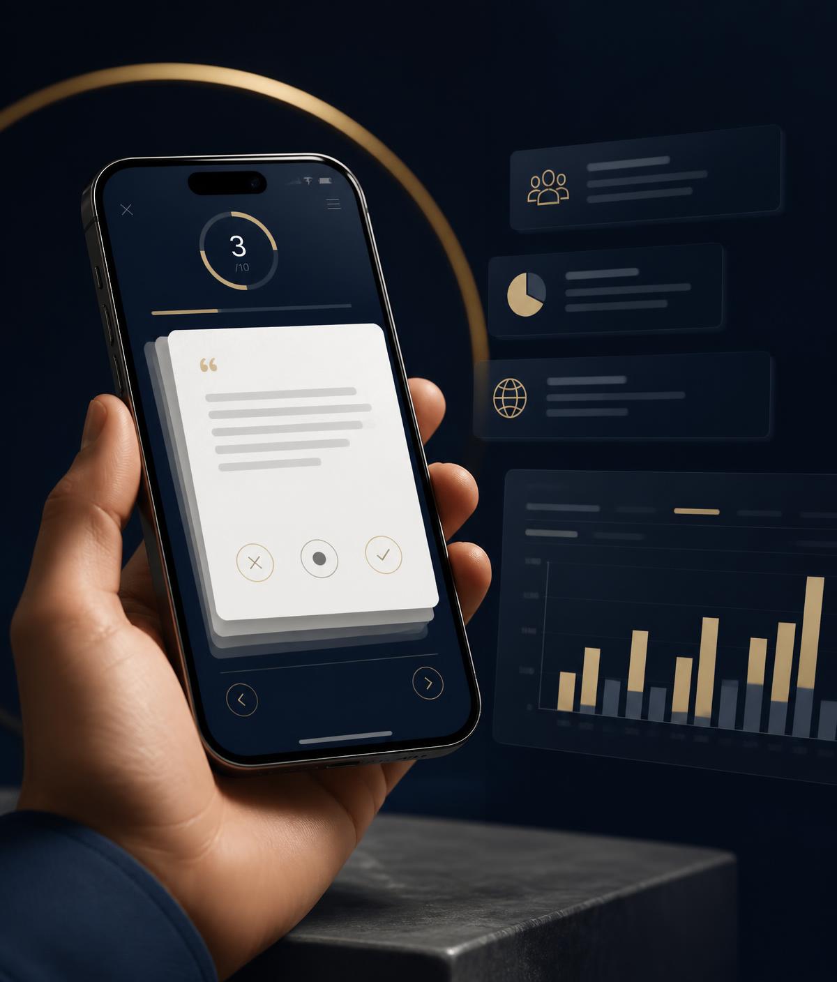 A financial advisor completing a gamified MAA Advisor Intelligence research experience on a smartphone, alongside response dashboard tiles