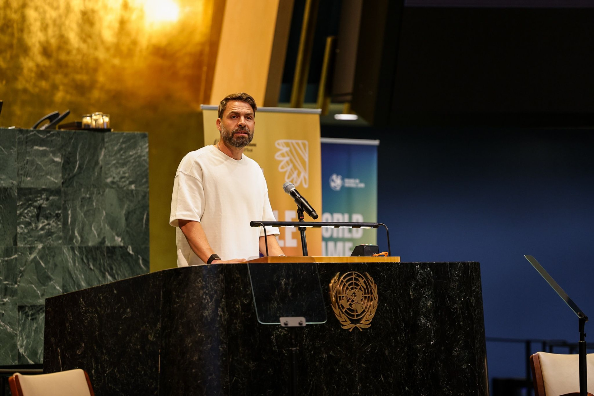 Michael Sani presenting at the UN Chamber in New York